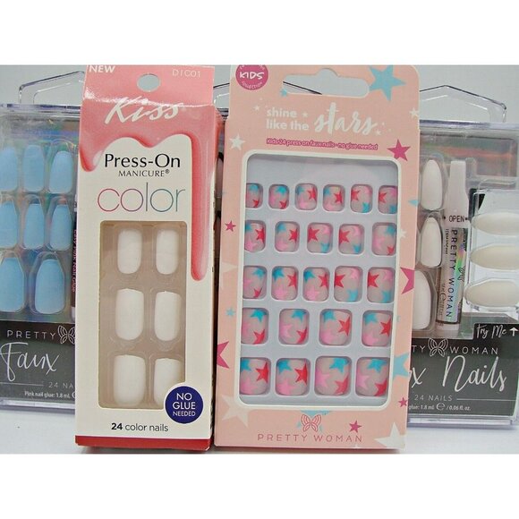 Lot 5 Pretty Woman Kiss Press on Glue Nails New Box Leopard White Blue Coffin - Picture 4 of 14